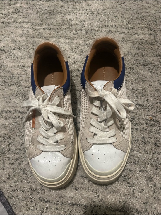 Tory Sport Shoes - Tory Sport White and Beige Low-Top Sneakers with Blue Heel